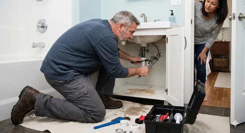 Ervaren loodgieter repareert sanitair en leidingwerk onder wastafel