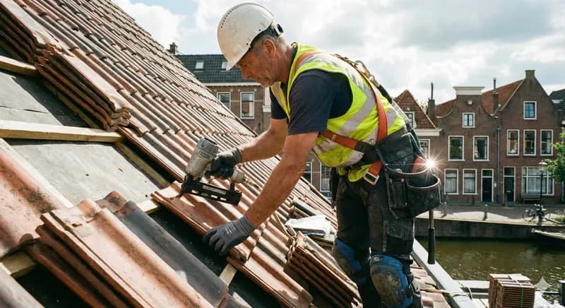 Professionele dakdekker aan het werk op een schuin dak met dakpannen